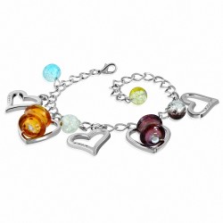 Alliage de mode tube de fleur de perles de verre coloré ouvert amour bracelet de chaîne de lien de charm coeur
