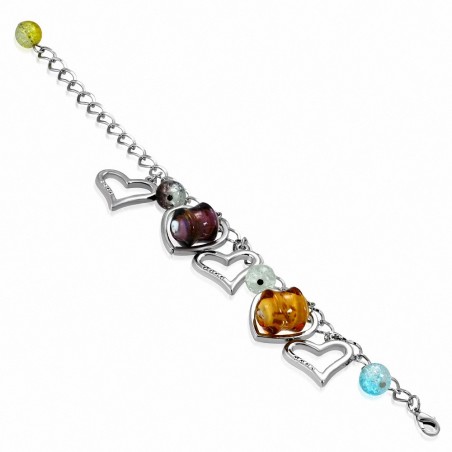 Alliage de mode tube de fleur de perles de verre coloré ouvert amour bracelet de chaîne de lien de charm coeur