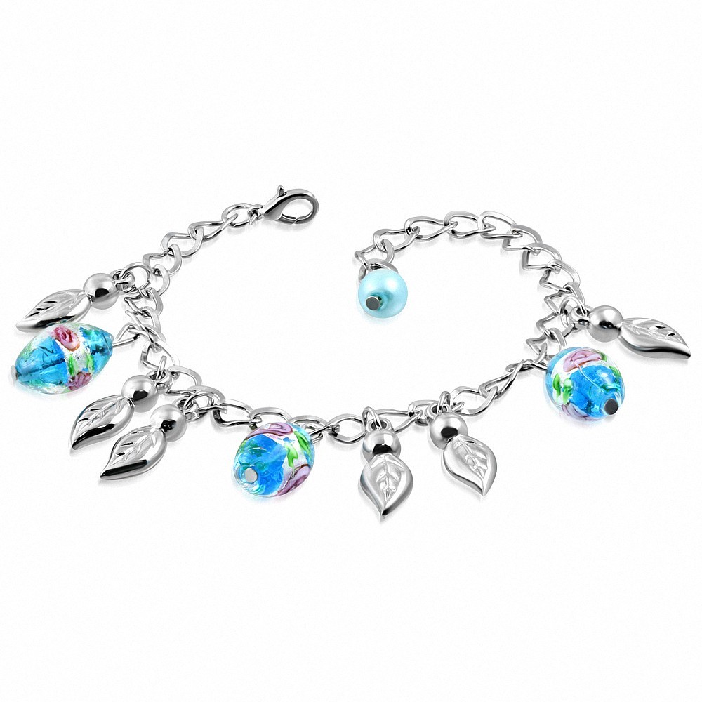 Alliage de mode bracelet en perles de verre colorées rose fleur ovale feuille lien charm bracelet