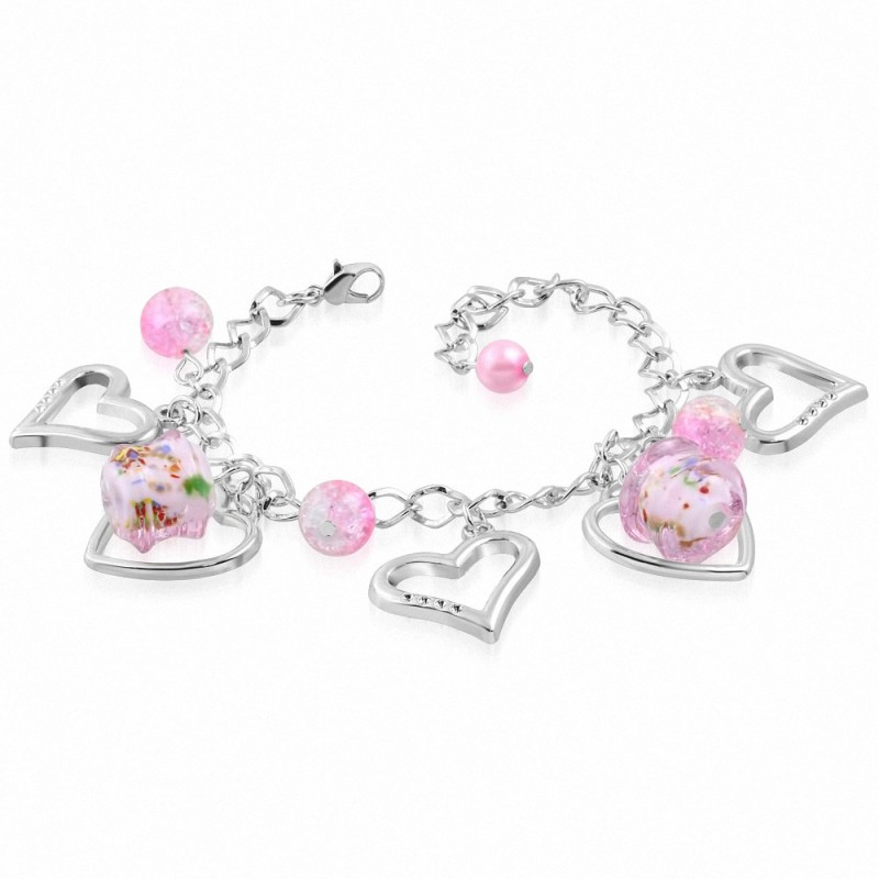 Alliage de mode rose tube de perles de verre fleur ouverte amour coeur bracelet de lien de chaîne de charm