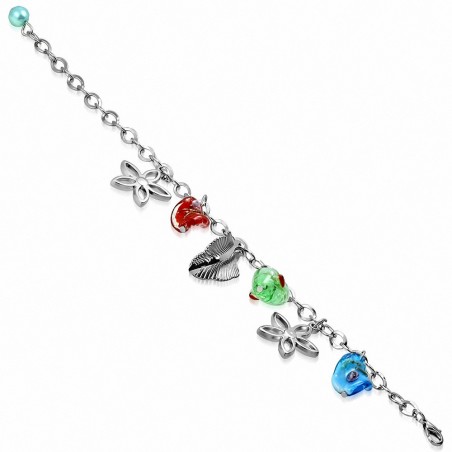 Alliage de mode bracelet de perles de verre coloré fleur ovale plume feuille charm chaîne