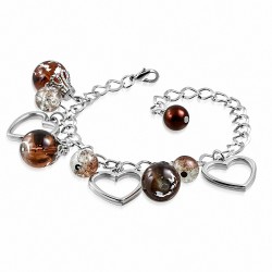 Alliage de mode perles de verre brun en forme de larme ouvert bracelet de lien de charm de coeur d'amour