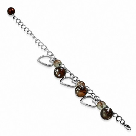 Alliage de mode perles de verre brun en forme de larme ouvert bracelet de lien de charm de coeur d'amour