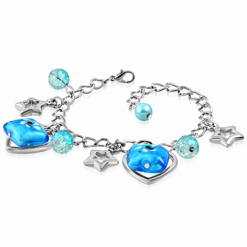 Bracelet en alliage à la mode en forme de fleur avec perle de verre carrée ouverte avec un coeur et un coeur