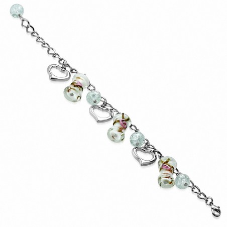 Alliage de mode Rose Fleur Perle De Verre Tambour Ouvert Amour cœur Charm Lien Chaîne Bracelet