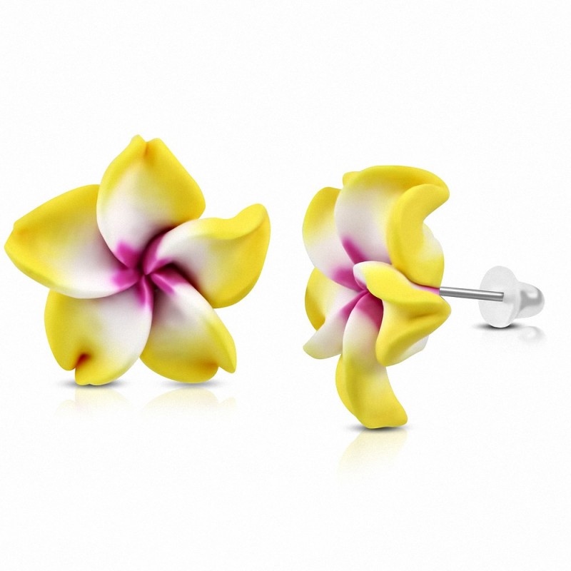 15mm | Boucles d'oreilles à la mode en forme de fleur de Fimo / Polymère avec Plumeria (paire) - FEO015