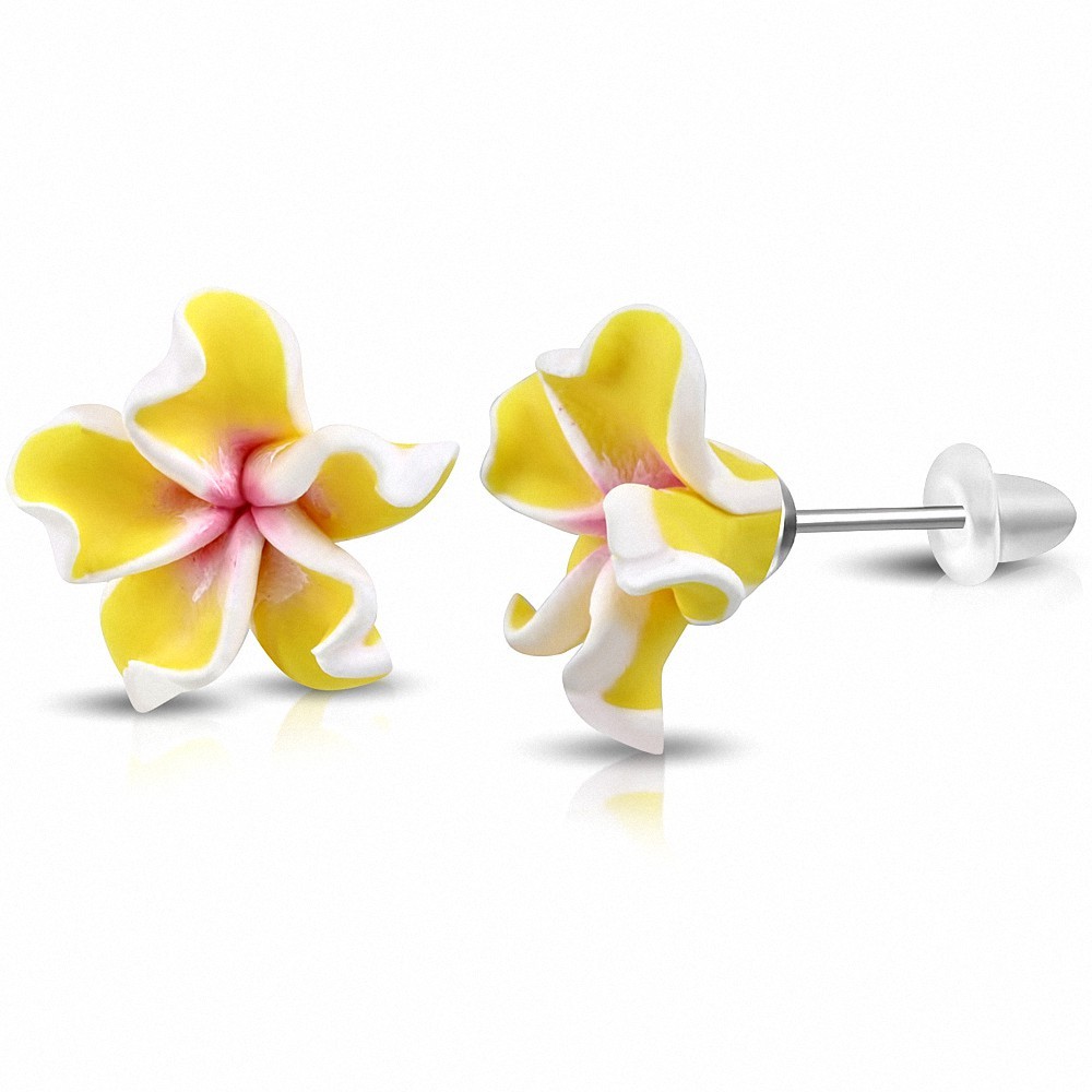 15mm | Boucles d'oreilles à la mode en forme de fleur de Fimo / Polymère avec Plumeria (paire) - FEO027