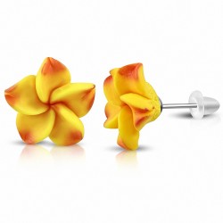 15mm | Boucles d'oreilles à la mode en forme de fleur de Fimo / Polymère avec Plumeria (paire) - FEO045
