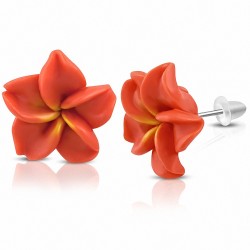 15mm | Boucles d'oreilles à la mode en forme de fleur de Fimo / Polymère avec Plumeria (paire) - FEO060