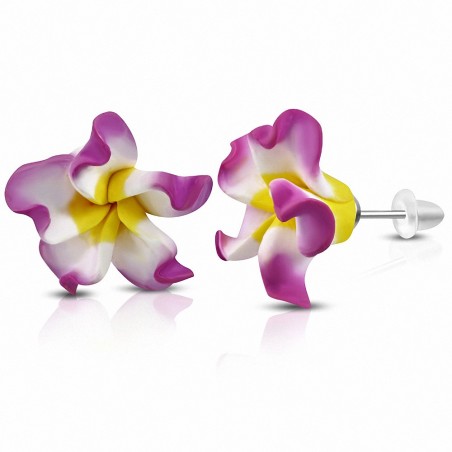 15mm | Boucles d'oreilles à la mode en forme de fleur de Fimo / Polymère avec Plumeria (paire) - FEO067