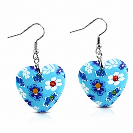 Boucles d'oreilles avec crochet en alliage de fimo / argile polymère à motif de fleurs et de cœurs colorés (paire) - FEM066