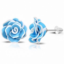 20mm | Boucles d'oreilles à la mode en argile polymère / fimo / bleu avec fleur rose (paire)