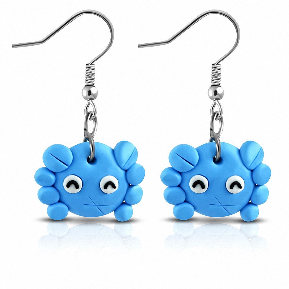 Mode alliage fimo / argile polymère souriant boucles d'oreilles crochet long crabe bleu (paire)