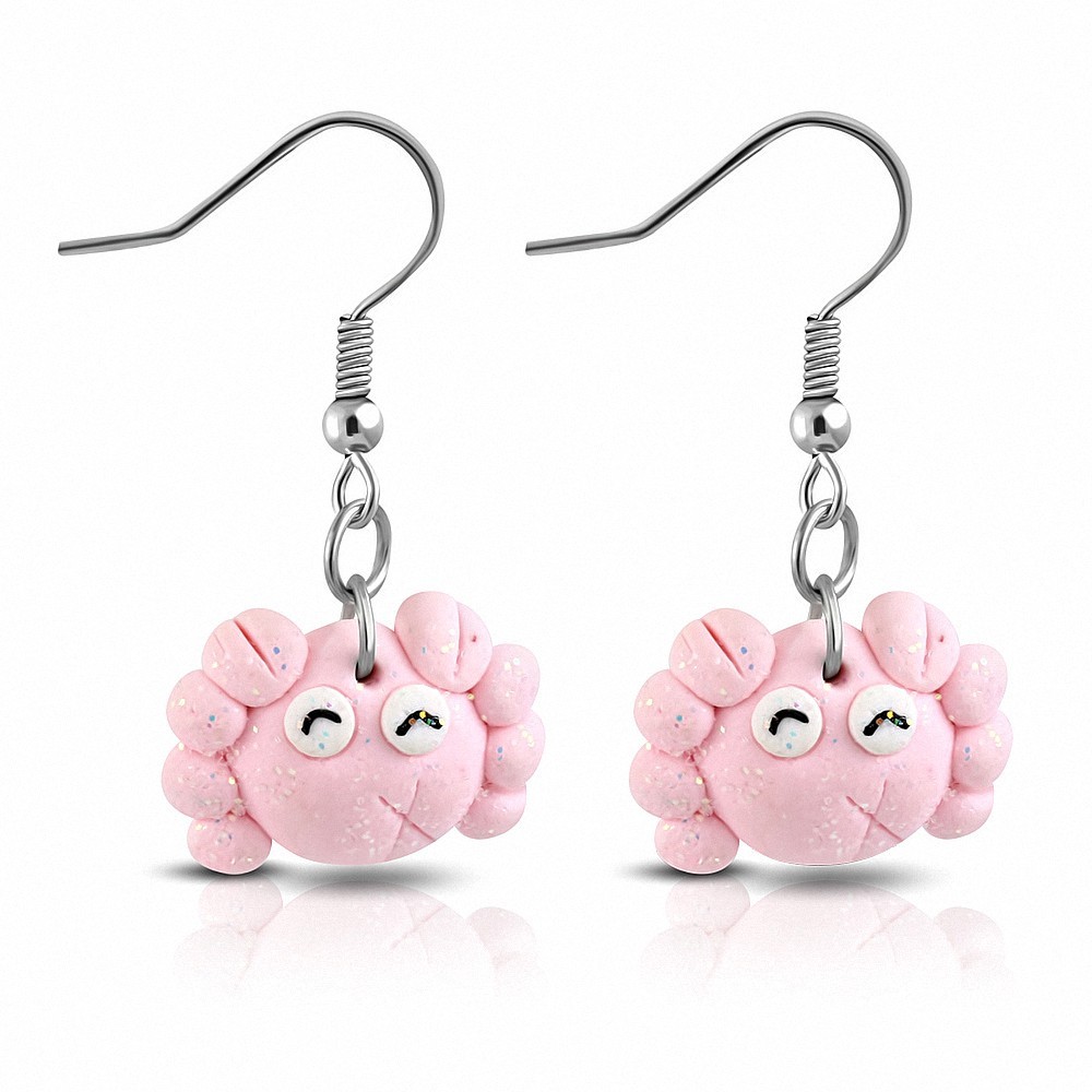 Mode alliage fimo / argile polymère souriant boucles d'oreilles crochet long crabe rose (paire)