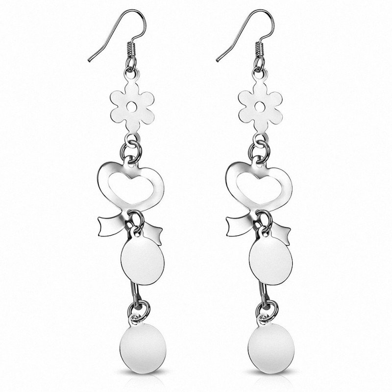 Alliage de mode fleur ouverte coeur d'amour coeur ruban ruban Disc Charm Long Drop Drop boucles d'oreilles (paire)