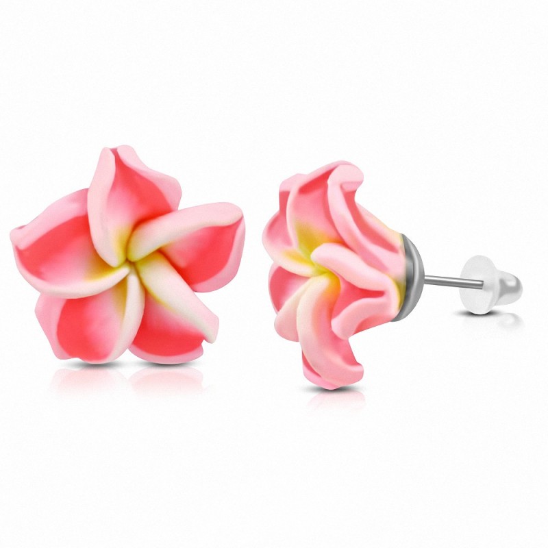 8mm | Boucles d'oreilles à la mode en forme de fleur de Fimo / Polymère avec Plumeria (paire) - FEM365
