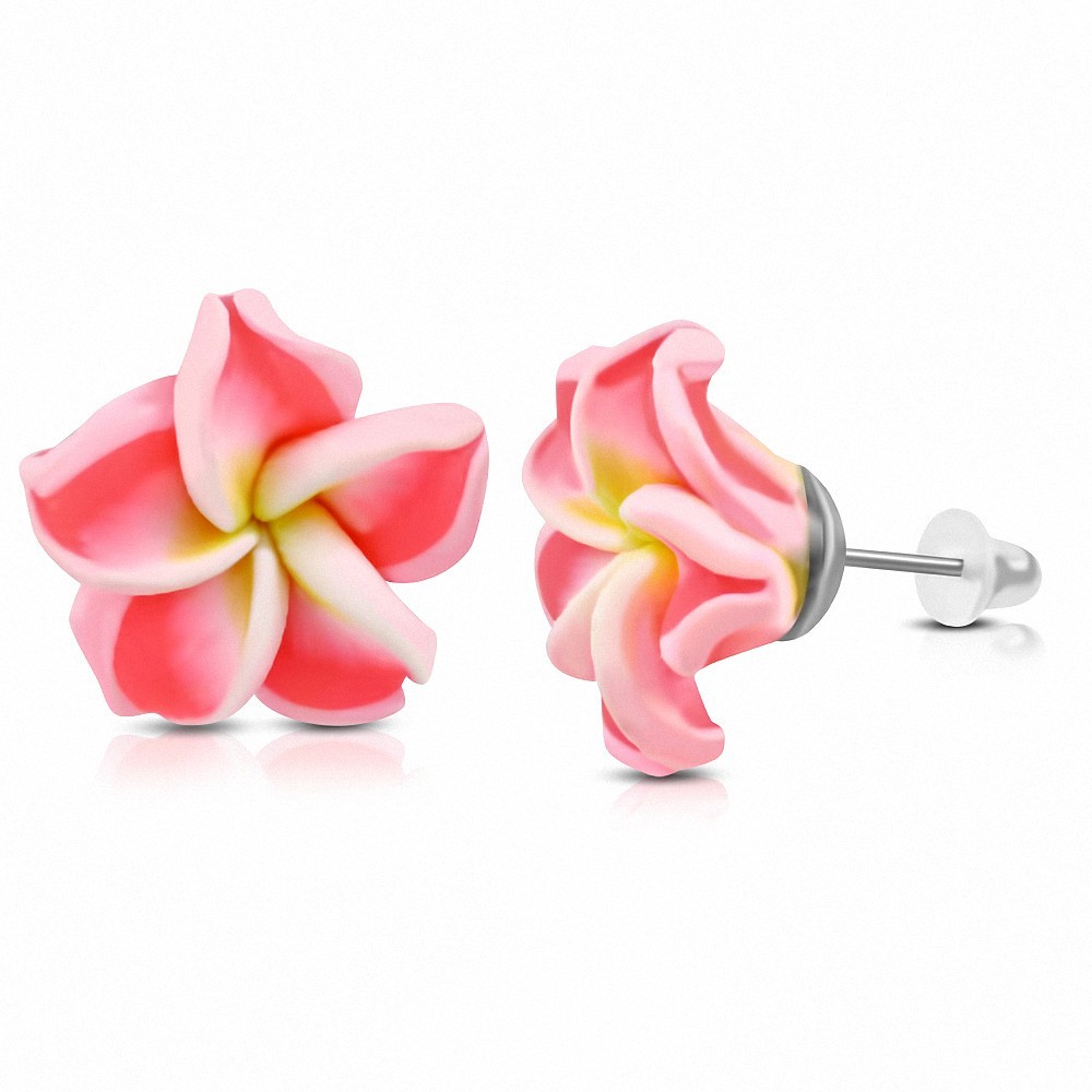8mm | Boucles d'oreilles à la mode en forme de fleur de Fimo / Polymère avec Plumeria (paire) - FEM365