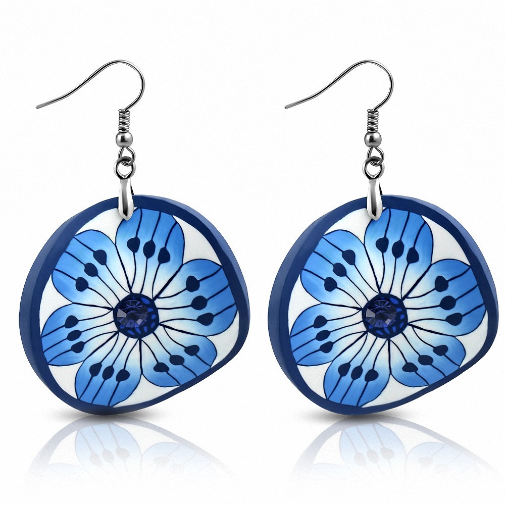 Alliage de Fimo / Polymer forme de cercle de fleurs boucles d'oreilles avec crochet goutte bleu