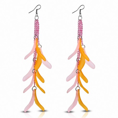 Alliage Fashion & Résine Rose & Orange Fantaisie Feuilles Long Drop Slinky Hook Boucles d'oreilles (paire)