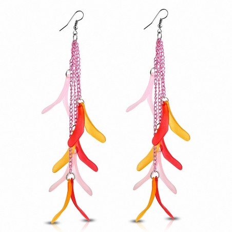 Alliage Fashion & Résine Rose Orange & Rouge Fantaisie Feuilles Long Drop Slinky Hook Boucles d'oreilles (paire)