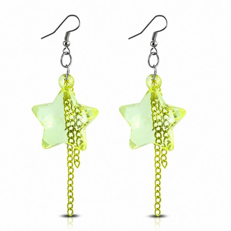 Boucles d'oreilles à crochets longs en alliage et verre jaune et étoiles jaunes (paire)