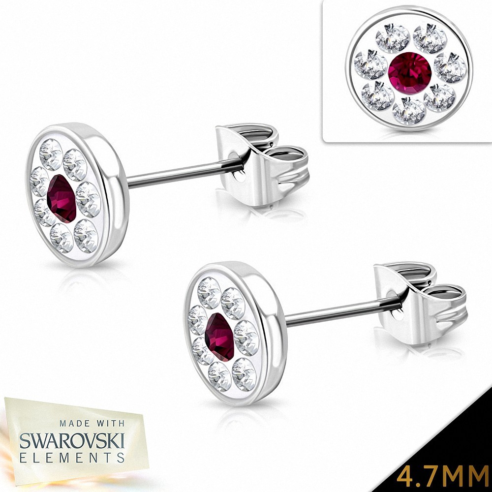 4.7mm | Boucles d'oreilles à boutons et pavé de fleurs en acier inoxydable avec cristaux   transparents et rubis (paire)