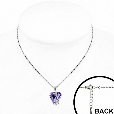 Alliage avec collier en or blanc doré avec pendentif cœur en forme de coeur et fleurs avec cristaux   pourpre / violet clair