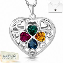 Alliage avec collier en or doré blanc avec pendentif coeur à motif de fleur de trèfle et cristaux colorés de