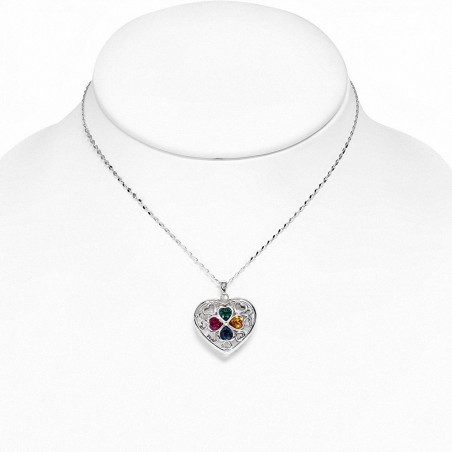 Alliage avec collier en or doré blanc avec pendentif coeur à motif de fleur de trèfle et cristaux colorés de