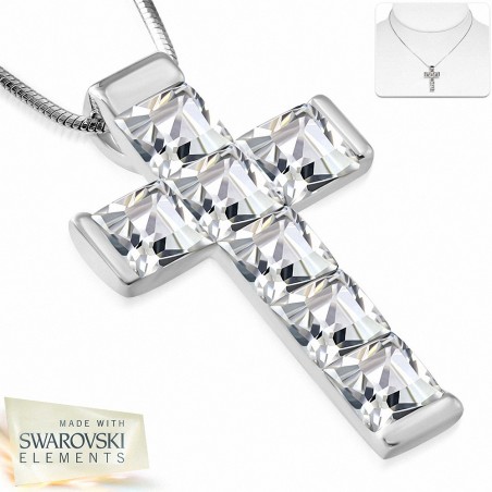 Alliage avec chaîne en doré blanc et collier avec pendentif croix latine avec cristaux   transparents baguette