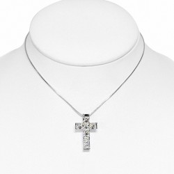 Alliage avec chaîne en doré blanc et collier avec pendentif croix latine avec cristaux   transparents baguette