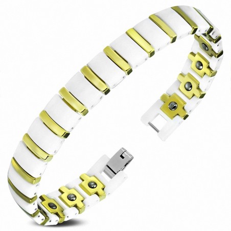 20cm x 11mm | Bracelet maillon panthère magnétique en carbure de tungstène blanc en céramique et doré