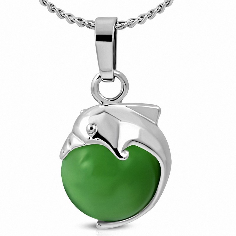 Collier avec pendentif boule  en alliage avec dauphin avec pierre à yeux de chats