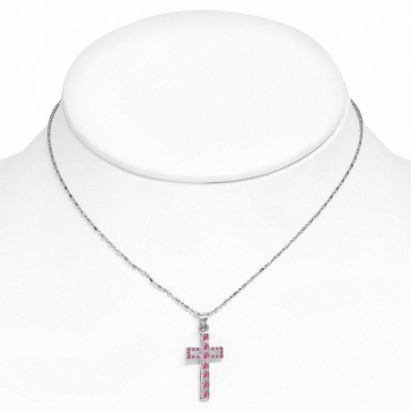 Alliage de cristal fantaisie avec collier en chaîne en forme de croix latine avec Rose Rose CZ