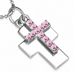 Collier en alliage fantaisie avec chaînes et breloques en forme de croix avec Rose Rose CZ