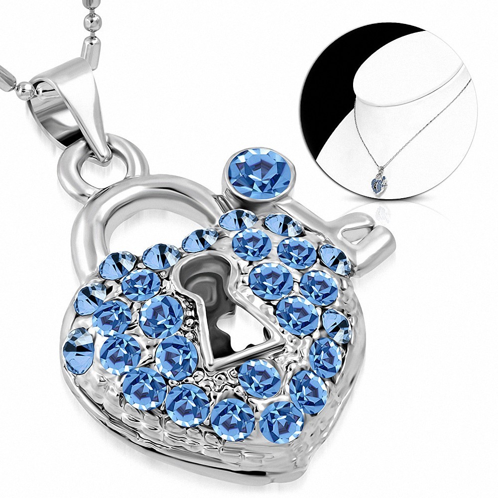 Alliage de mode cristal amour coeur cadenas clé collier de chaîne  saphir bleu CZ