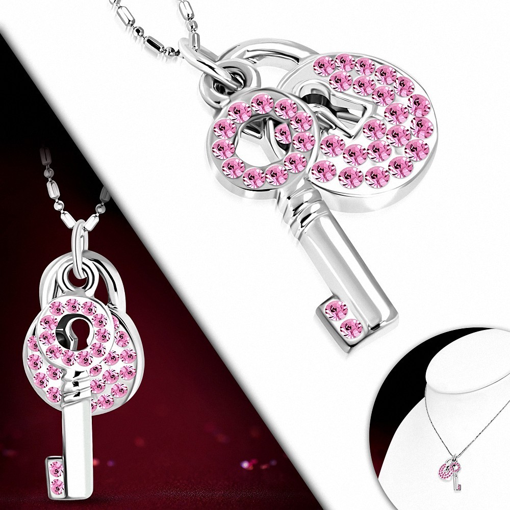 Alliage de mode cristal collier de chaîne de charm clé de cadenas  rose rose CZ