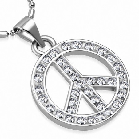 Collier pendentif en alliage tendance avec cristaux de charm avec signe de paix  Clear CZ