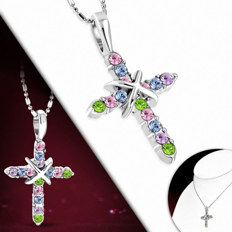 Collier fantaisie en alliage cristal avec chaîne et breloques colorées - CZ