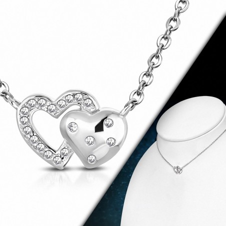 Collier fantaisie en alliage ouvert avec deux coeurs en forme de coeur avec  clear CZ