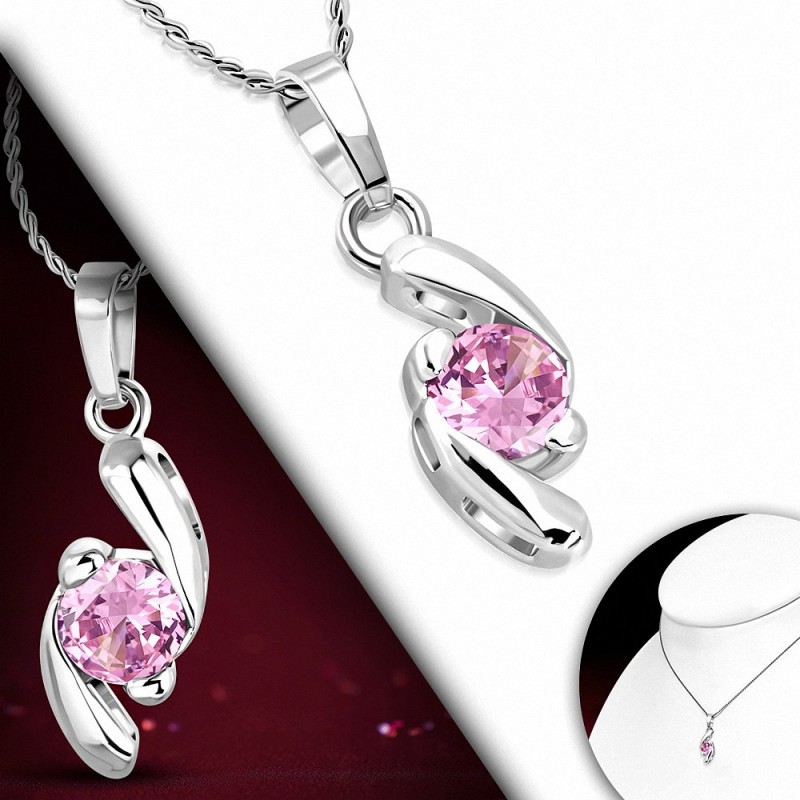 Collier fantaisie alliage fantaisie avec cercle en spirale avec rose rose CZ - CCZ398