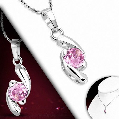 Collier fantaisie alliage fantaisie avec cercle en spirale avec rose rose CZ - CCZ398