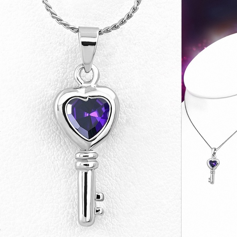Alliage de mode cristal amour coeur collier de chaîne de charm clé  violet / violet CZ