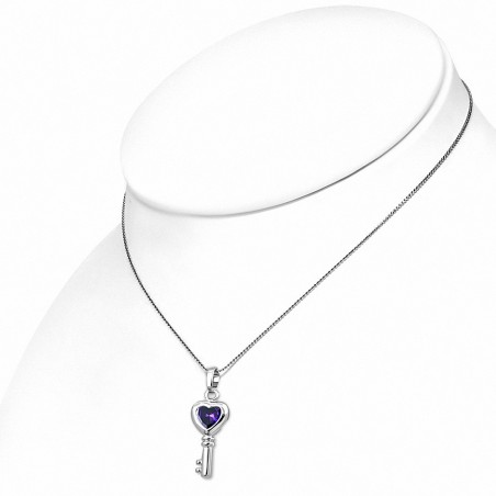 Alliage de mode cristal amour coeur collier de chaîne de charm clé  violet / violet CZ