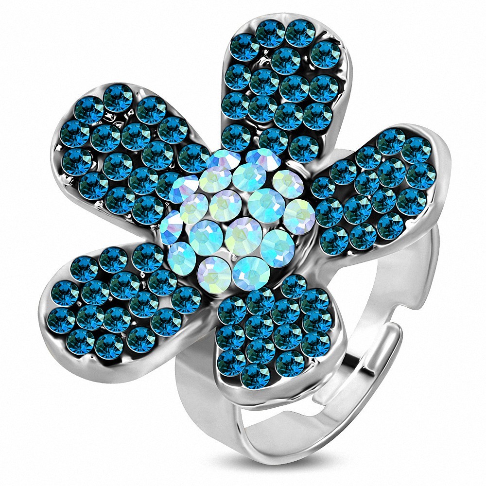 Bague cocktail en forme de fleur en marguerite verte en alliage à taille unique avec saphir bleu CZ