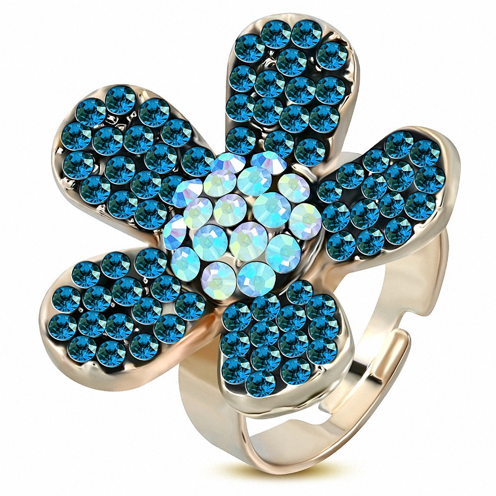 Bague cocktail en forme de fleur de marguerite verte en alliage à taille unique avec saphir bleu CZ