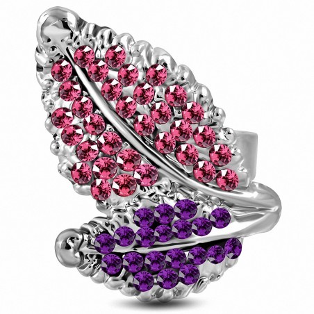 Bague cocktail en feuille multicolore en alliage de cristal avec feuilles roses et améthystes