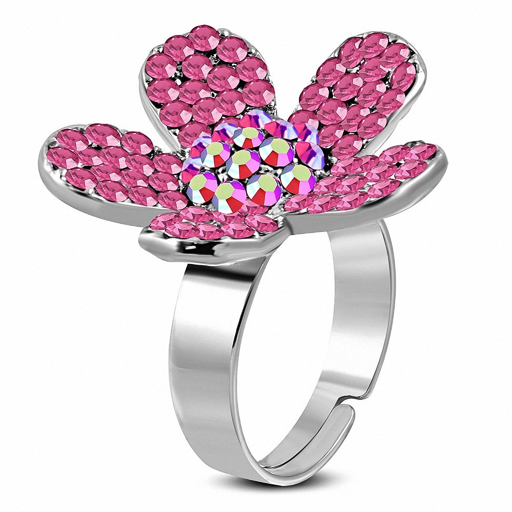 Bague cocktail en forme de fleur de marguerite rose en alliage tendance avec rose CZ