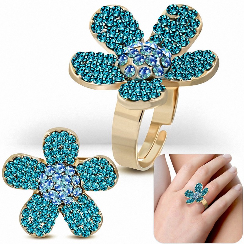 Bague cocktail en forme de fleur en marguerite verte en alliage taille unique avec zircon bleu CZ