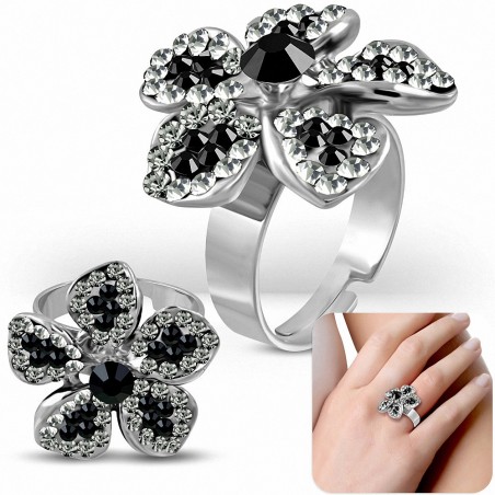 Bague cocktail en forme de fleur en cristal avec 5 pétales de fleurs en alliage taille unique avec jet noir CZ